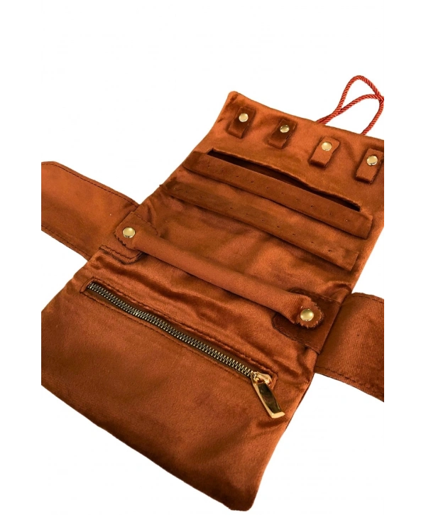 Takı,seyahat Ve Mücevher Rulosu& Düzenleyicisi Ve Çantası /parlak Süet Kiremit(FERMUARLI VE İPLİ)