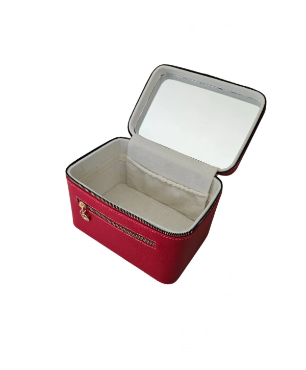 Taşıma Kulplu Deri Aynalı Makyaj,Bakım Ve Seyahat Çantası,kutusu Kırmızı (14x21x14 cm)