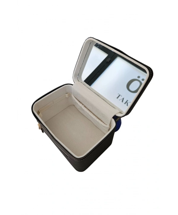 Taşıma Kulplu Deri Aynalı Makyaj,Bakım Ve Seyahat Çantası,kutusu Siyah (14x21x14 cm)