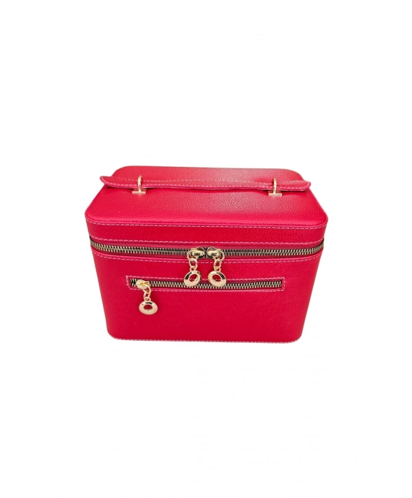 Taşıma Kulplu Deri Aynalı Makyaj,Bakım Ve Seyahat Çantası,kutusu Kırmızı (14x21x14 cm)