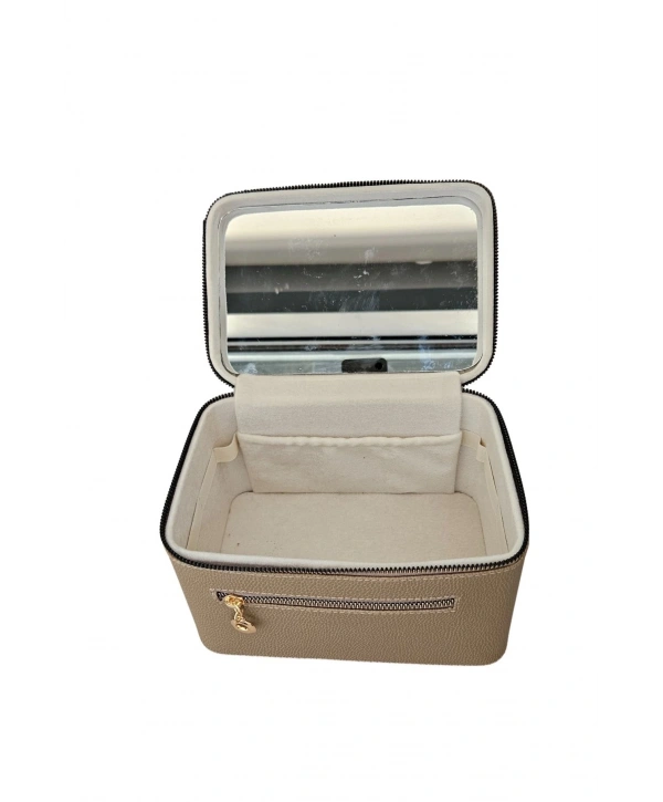 Taşıma Kulplu Deri Aynalı Makyaj,Bakım Ve Seyahat Çantası,kutusu Vizon (14x21x14 cm)