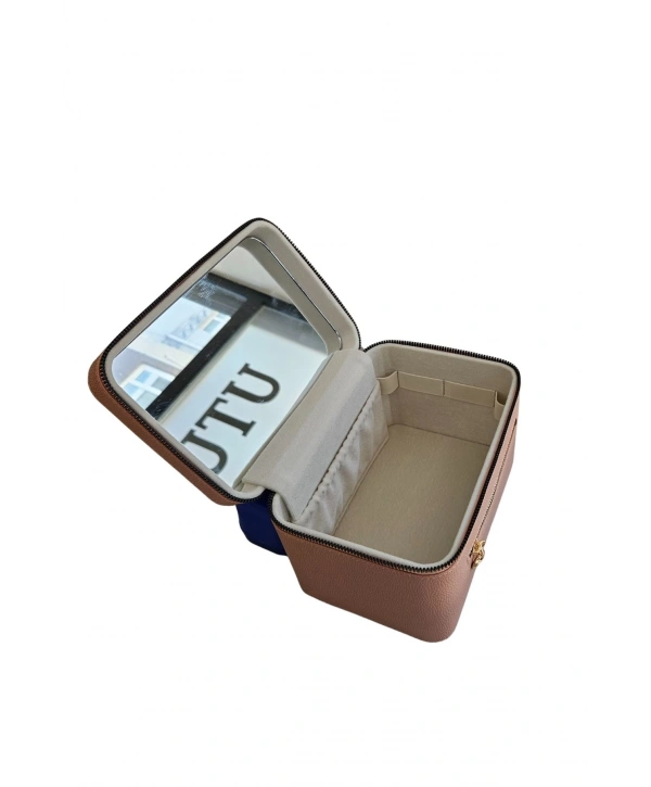 Taşıma Kulplu Deri Aynalı Makyaj,Bakım Ve Seyahat Çantası,kutusu Pudra (14x21x14 cm)