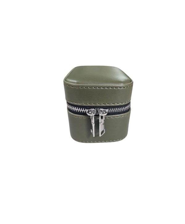 Tekli Fermuarlı Deri Saat Kutusu (Haki)