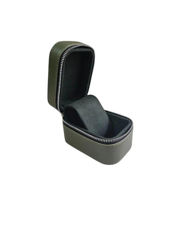 Tekli Fermuarlı Deri Saat Kutusu (Haki)