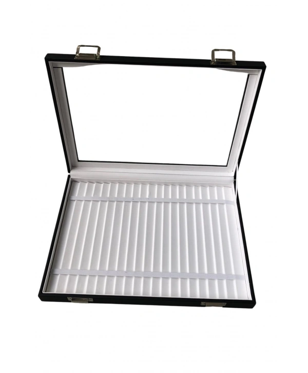 Camlı Kapaklı Bileklik,Zincir ve takı Tablası Siyah deri / içi Beyaz (21 Kanallı ve lastikli)