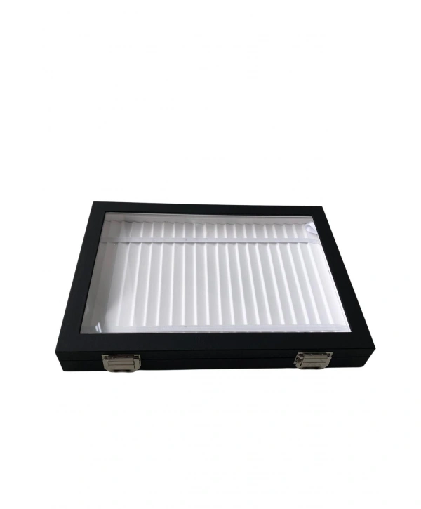 Camlı Kapaklı Bileklik,Zincir ve takı Tablası Siyah deri / içi Beyaz (21 Kanallı ve lastikli)