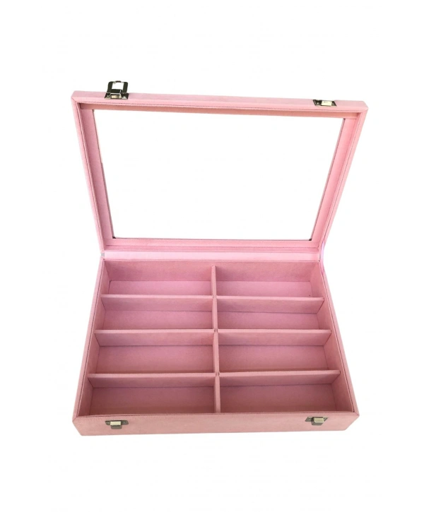 Camlı Kapaklı 8 Bölmeli Gözlük Kutusu,takı Kutusu Ve Çantası PEMBE  Süet