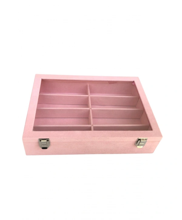 Camlı Kapaklı 8 Bölmeli Gözlük Kutusu,takı Kutusu Ve Çantası PEMBE  Süet