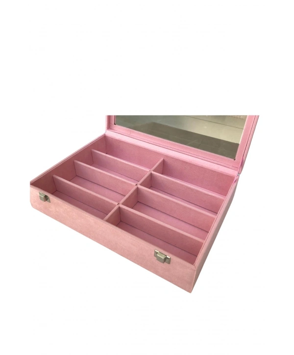 Camlı Kapaklı 8 Bölmeli Gözlük Kutusu,takı Kutusu Ve Çantası PEMBE  Süet