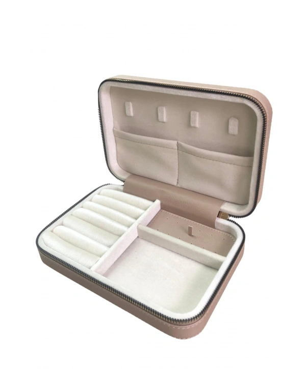 Fermuarlı Deri (Ahşap Kasalı ) Büyük boy Takı, Seyahat Ve Mücevher Çantası,kutusu Vizon (14x21)