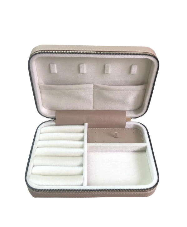 Fermuarlı Deri (Ahşap Kasalı ) Büyük boy Takı, Seyahat Ve Mücevher Çantası,kutusu Vizon (14x21)