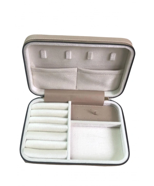 Fermuarlı Deri (Ahşap Kasalı ) Büyük boy Takı, Seyahat Ve Mücevher Çantası,kutusu Vizon (14x21)