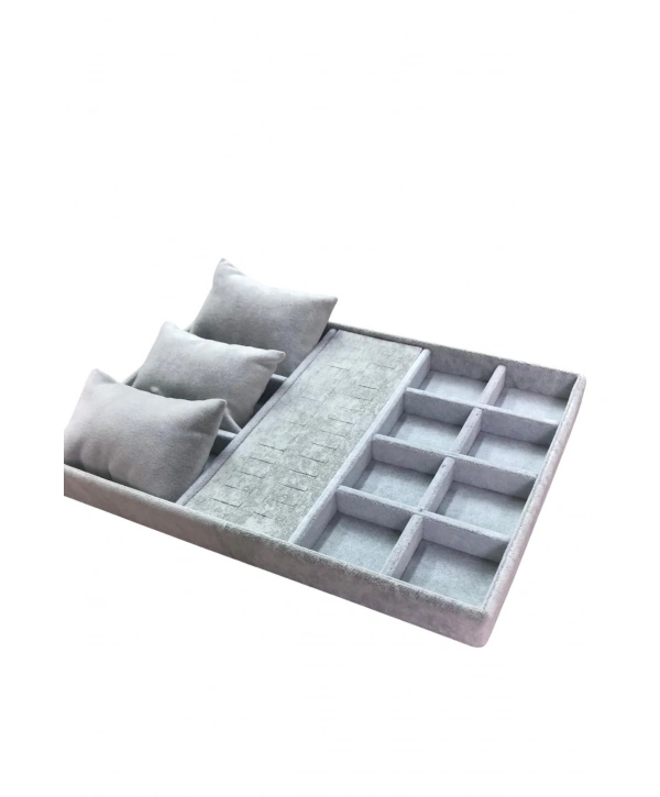 Organizatör Gri Süet Tabla Kolye & Yüzük Düzenleyici ( 3 Yastık )(8 Bölmeli)(28 kesikli)