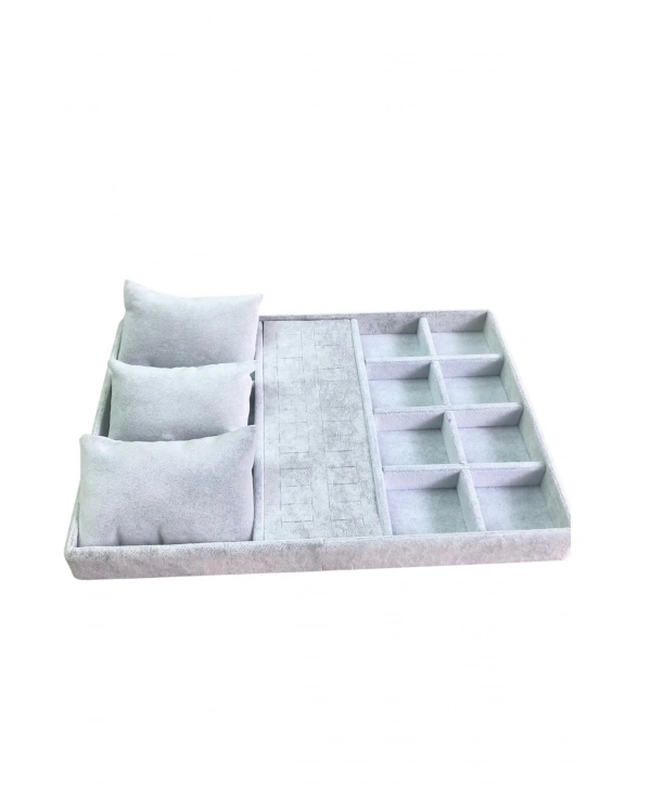 Organizatör Gri Süet Tabla Kolye & Yüzük Düzenleyici ( 3 Yastık )(8 Bölmeli)(28 kesikli)