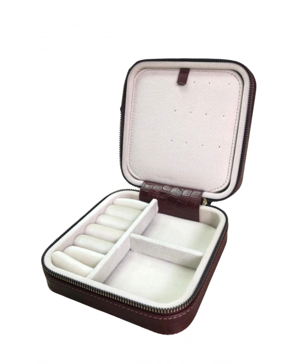 Fermuarlı Deri (Ahşap Kasalı ) Orta boy Takı, Seyahat Ve Mücevher Çantası Bordo Crocodile (15x15 Cm)