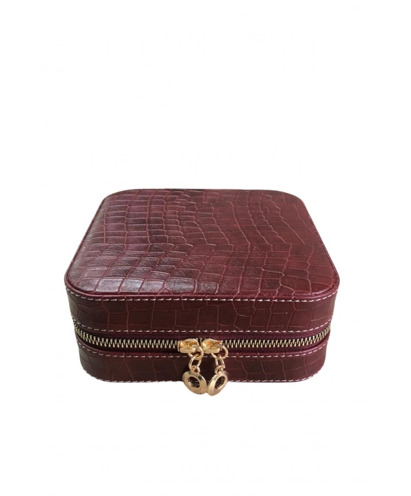 Fermuarlı Deri (Ahşap Kasalı ) Orta boy Takı, Seyahat Ve Mücevher Çantası Bordo Crocodile (15x15 Cm)