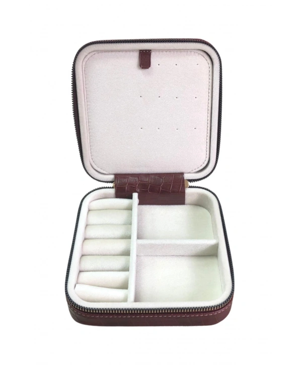 Fermuarlı Deri (Ahşap Kasalı ) Orta boy Takı, Seyahat Ve Mücevher Çantası Bordo Crocodile (15x15 Cm)