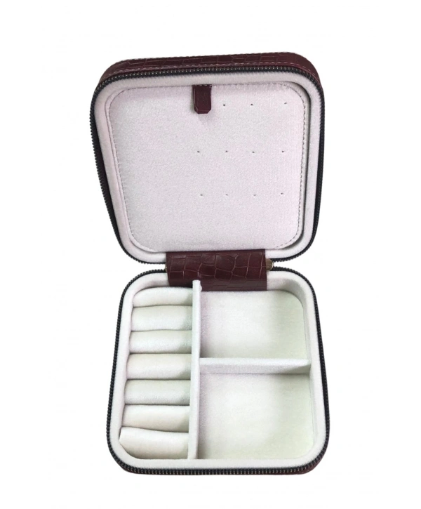 Fermuarlı Deri (Ahşap Kasalı ) Orta boy Takı, Seyahat Ve Mücevher Çantası Bordo Crocodile (15x15 Cm)