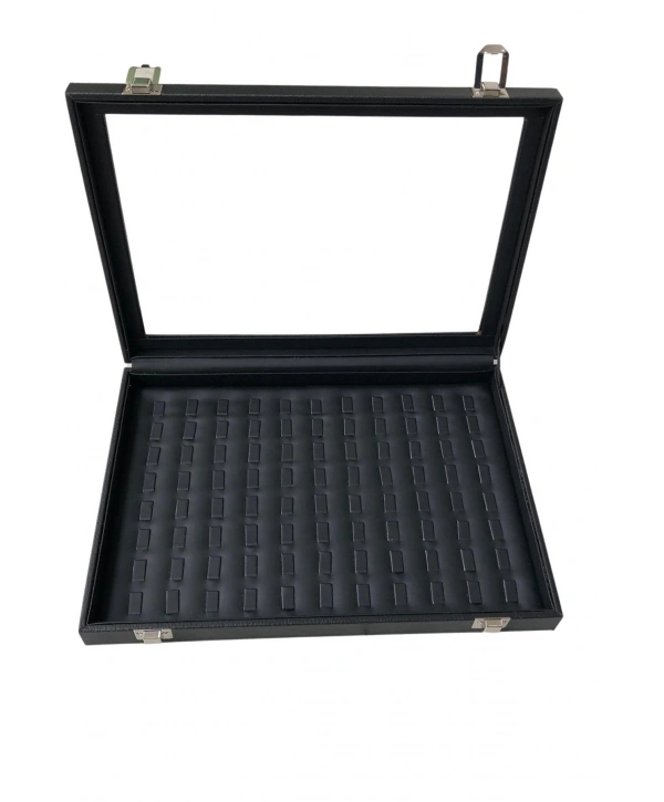 Camlı Kapaklı Tırnaklı Yuzuk-Takı Tablası Siyah Deri / İçi Siyah ( 88 Tırnaklı)