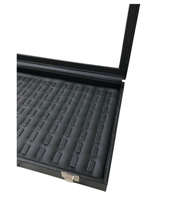 Camlı Kapaklı Tırnaklı Yuzuk-Takı Tablası Siyah Deri / İçi Siyah ( 88 Tırnaklı)