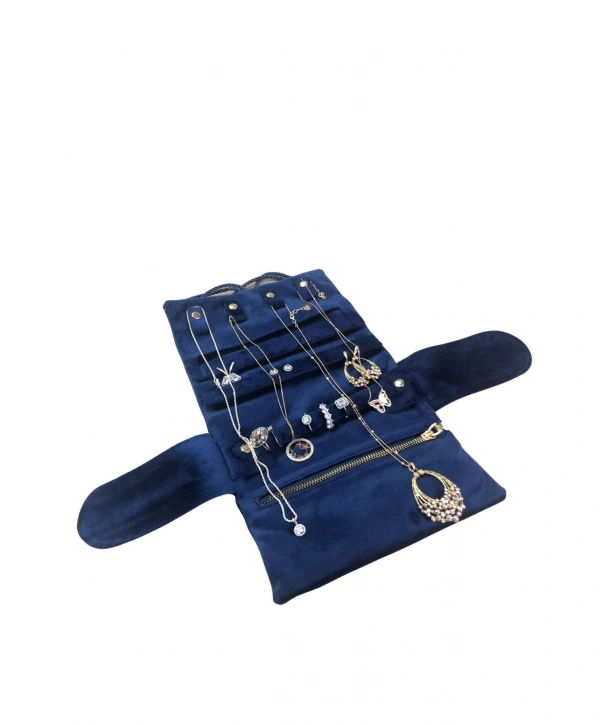 Takı,Seyahat ve Mücevher Rulosu& Düzenleyicisi Ve Çantası /Parlak Süet Lacivert (Fermuarlı ve ipli)