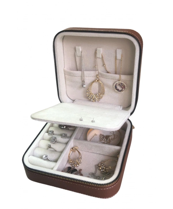 Fermuarlı Deri (Ahşap Kasalı ) Orta boy Takı, Seyahat Ve Mücevher Çantası Taba (15x15 Cm)