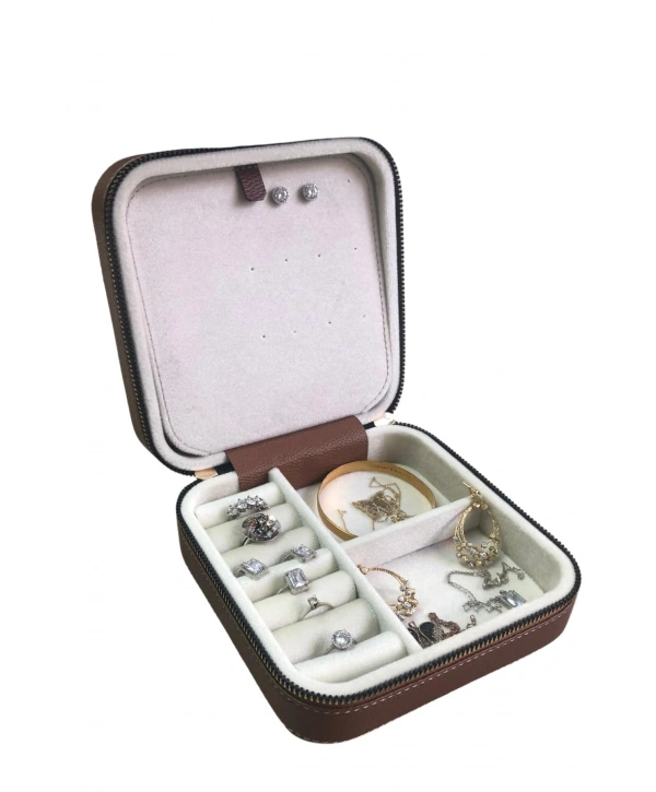 Fermuarlı Deri (Ahşap Kasalı ) Orta boy Takı, Seyahat Ve Mücevher Çantası Taba (15x15 Cm)