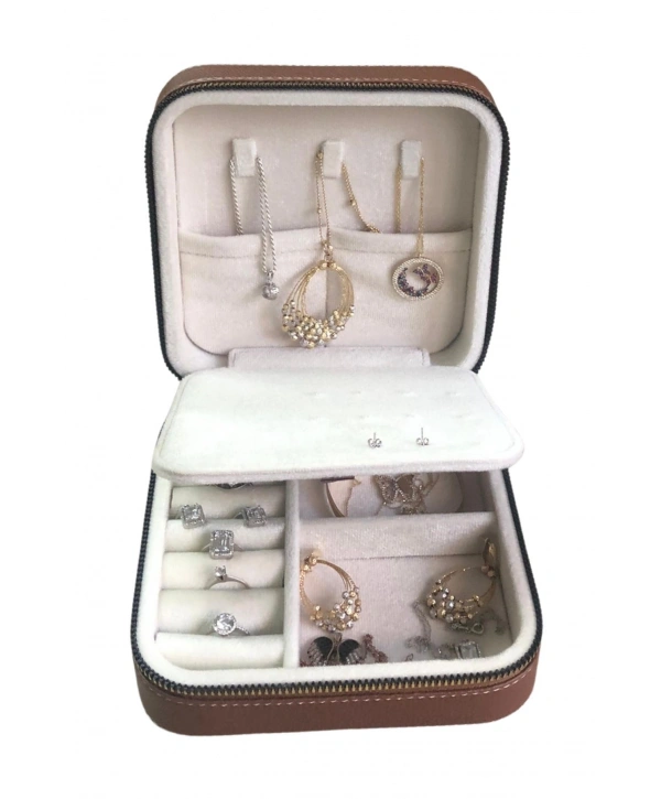 Fermuarlı Deri (Ahşap Kasalı ) Orta boy Takı, Seyahat Ve Mücevher Çantası Taba (15x15 Cm)