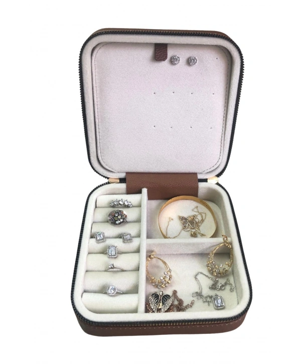 Fermuarlı Deri (Ahşap Kasalı ) Orta boy Takı, Seyahat Ve Mücevher Çantası Taba (15x15 Cm)