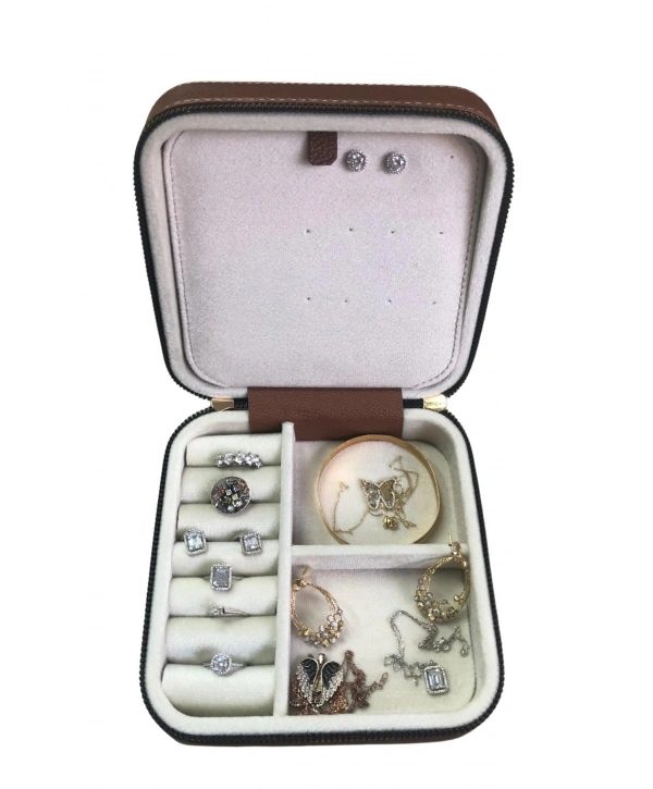 Fermuarlı Deri (Ahşap Kasalı ) Orta boy Takı, Seyahat Ve Mücevher Çantası Taba (15x15 Cm)