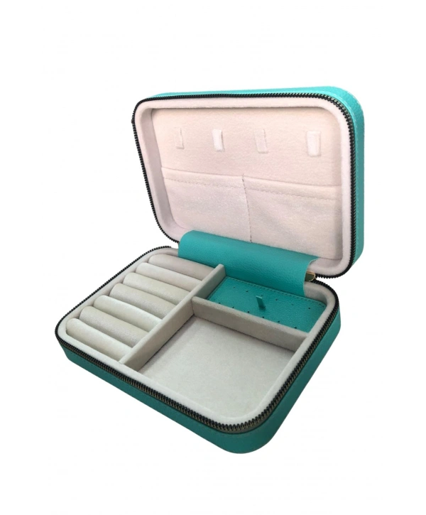 Fermuarlı Deri (Ahşap Kasalı ) Büyük boy Takı, Seyahat Ve Mücevher Çantası,kutusu Yeşil (14x21)