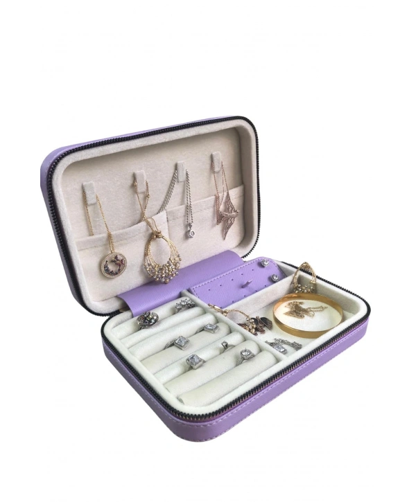 Fermuarlı Deri (Ahşap Kasalı ) Büyük boy Takı, Seyahat Ve Mücevher Çantası,kutusu Lila (14x21)