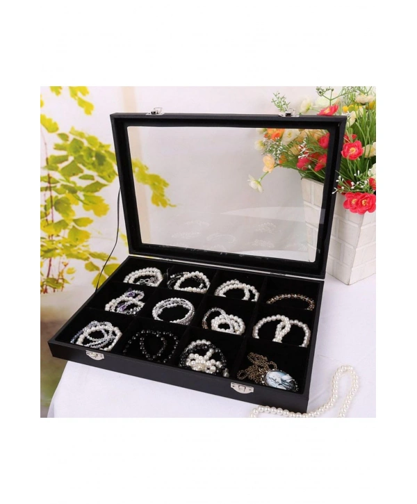 Camlı  Kapaklı 12 Bölmeli Takı Tablası Siyah Süet