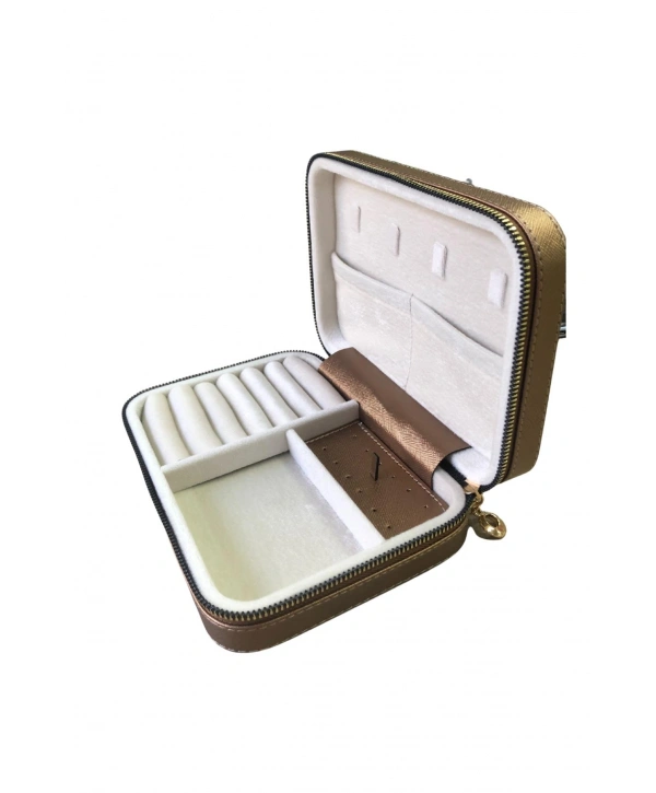 Fermuarlı Deri (Ahşap Kasalı ) Büyük boy Takı, Seyahat Ve Mücevher Çantası,kutusu Bakır(14x21 Cm)