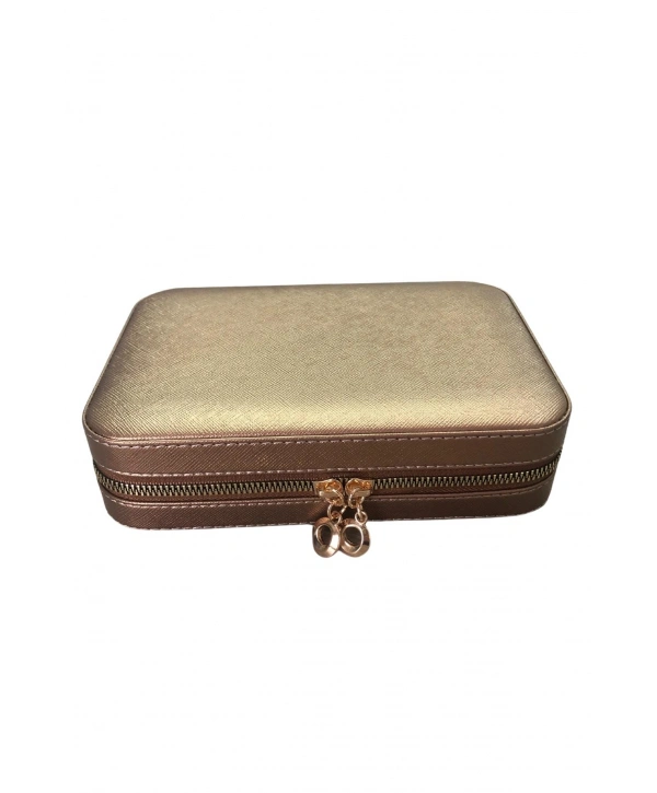 Fermuarlı Deri (Ahşap Kasalı ) Büyük boy Takı, Seyahat Ve Mücevher Çantası,kutusu Bakır(14x21 Cm)
