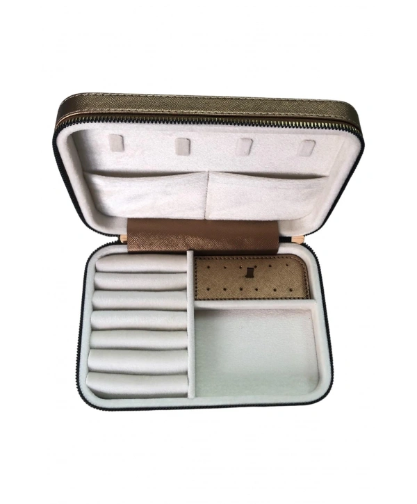 Fermuarlı Deri (Ahşap Kasalı ) Büyük boy Takı, Seyahat Ve Mücevher Çantası,kutusu Bakır(14x21 Cm)