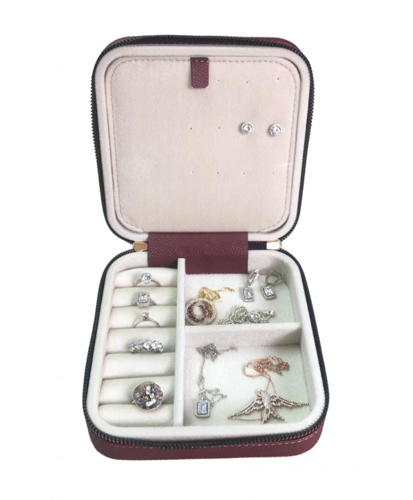 Fermuarlı Deri (Ahşap Kasalı ) Orta boy Takı, Seyahat Ve Mücevher Çantası,kutusu Bordo(15x15 Cm)