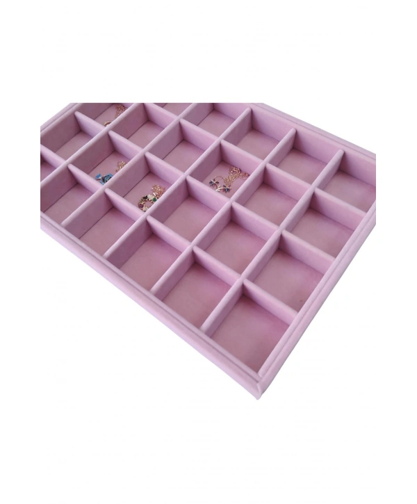 24 Bölmeli Kolye Ucu Küpe Yüzük Servis Tablası Pembe Süet