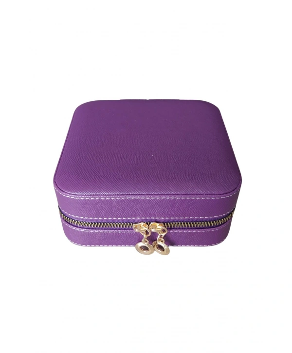 Fermuarlı Deri (ahşap Kasalı ) Orta Boy Takı, Seyahat Ve Mücevher Çantası,kutusu Mor  (15x15 Cm)