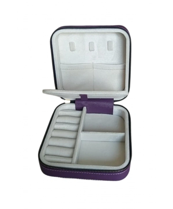 Fermuarlı Deri (ahşap Kasalı ) Orta Boy Takı, Seyahat Ve Mücevher Çantası,kutusu Mor  (15x15 Cm)