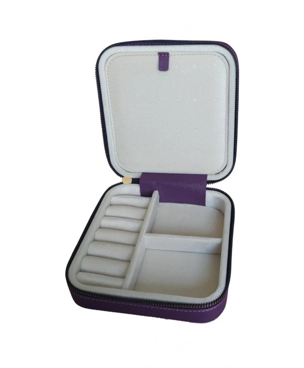 Fermuarlı Deri (ahşap Kasalı ) Orta Boy Takı, Seyahat Ve Mücevher Çantası,kutusu Mor  (15x15 Cm)