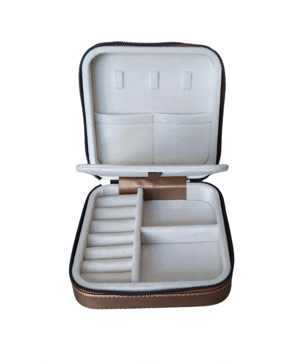 Fermuarlı Deri (ahşap Kasalı ) Orta Boy Takı, Seyahat Ve Mücevher Çantası,kutusu Bakır  (15x15 Cm)