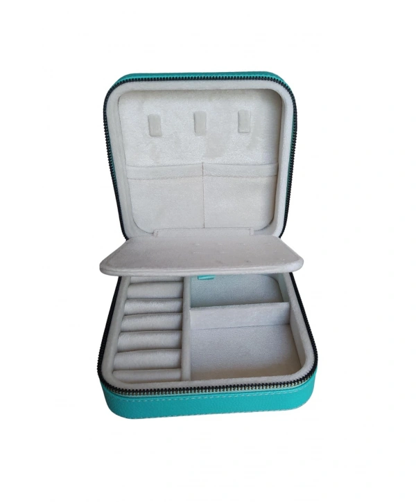 Fermuarlı Deri (ahşap Kasalı ) Orta Boy Takı, Seyahat Ve Mücevher Çantası,kutusu Yeşil (15x15 Cm)