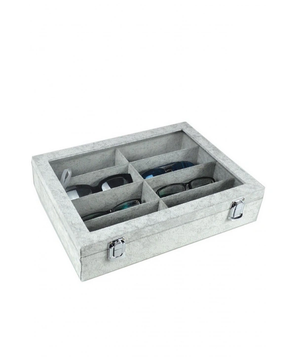 Camlı Kapaklı 8 Bölmeli Gözlük Kutusu,takı Kutusu Ve Çantası Gri Süet