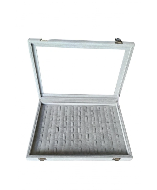 Camlı Kapaklı Tırnaklı Yuzuk-takı Tablası Gri Süet (88 Tırnaklı )