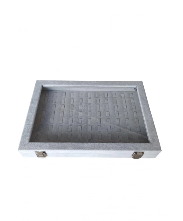 Camlı Kapaklı Tırnaklı Yuzuk-takı Tablası Gri Süet (88 Tırnaklı )