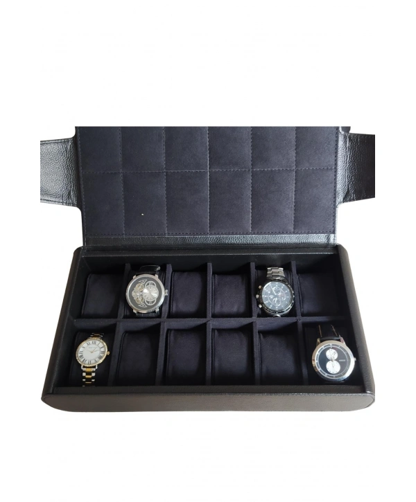 Deri 12 Li Saat Çantası Yandan Çıtçıtlı (Siyah)