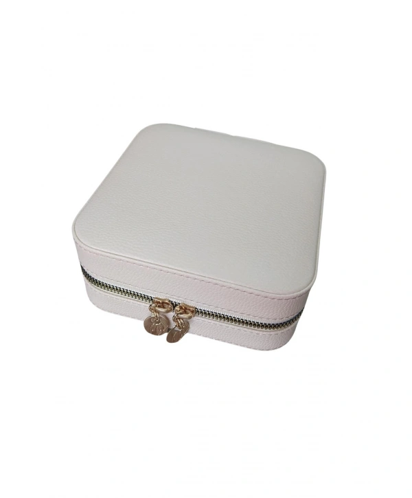 Fermuarlı Deri (Ahşap Kasalı ) Orta boy  Takı, Seyahat Ve Mücevher Çantası,kutusu Krem(15x15 Cm)