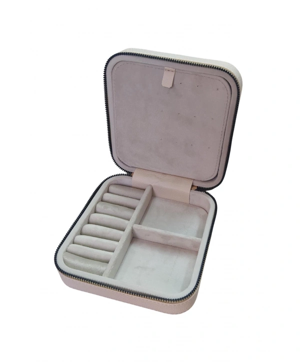 Fermuarlı Deri (Ahşap Kasalı ) Orta boy  Takı, Seyahat Ve Mücevher Çantası,kutusu Krem(15x15 Cm)