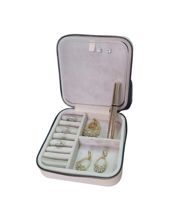 Fermuarlı Deri (Ahşap Kasalı ) Orta boy  Takı, Seyahat Ve Mücevher Çantası,kutusu Krem(15x15 Cm)